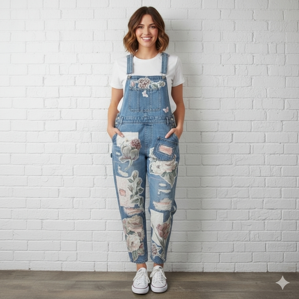 Custom Upcycled Floral Patchwork Denim Overalls  MD By ThreadsReclaimed